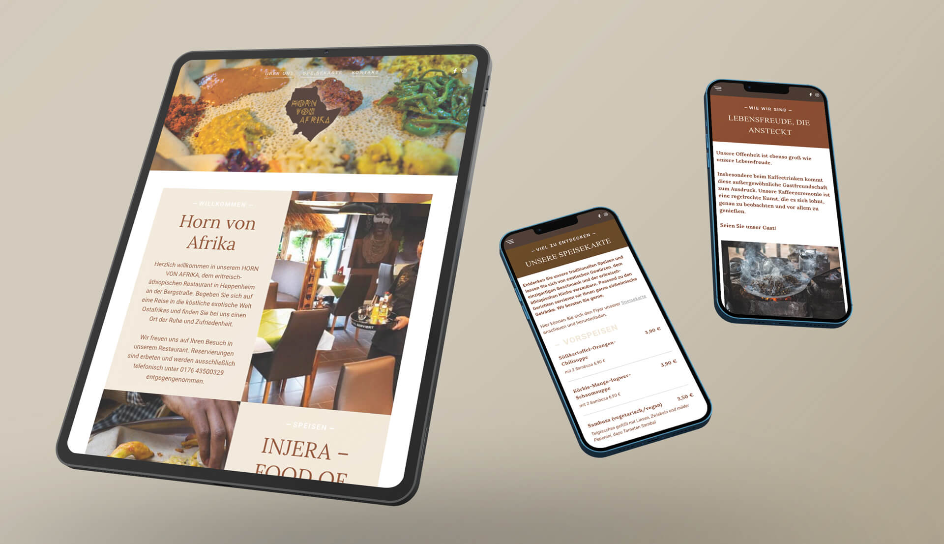 Hier sieht man die Website vom Horn von Afrika, einem afrikanischem Restaurant in Heppenheim, die für Tablet, Handy und Desktop optimiert ist.