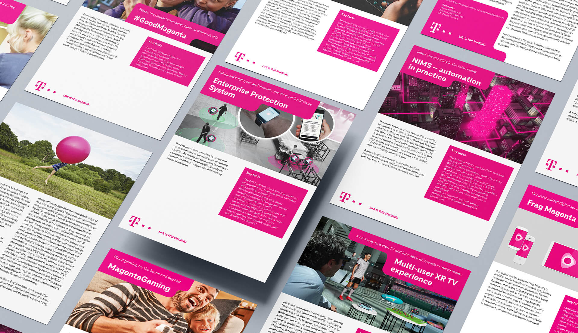 MesseEvents_DT_05_MWC2022_1920x1106 Auf diesem Bild sind verschieden Factsheets und Infoblätter für den MWC zu sehen, die tikitay gestaltet hat.