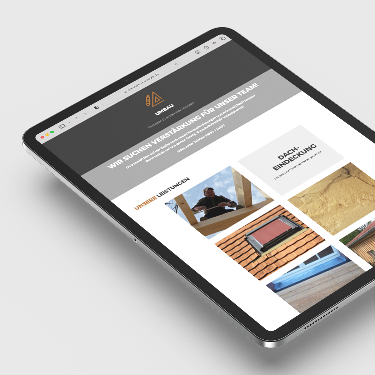 Hier ist der Onpager von Zimmerei Bormuth auf einem Tablet zu sehen. Entwicklung und Umsetzung von tikitay werbegantur gmbh.
