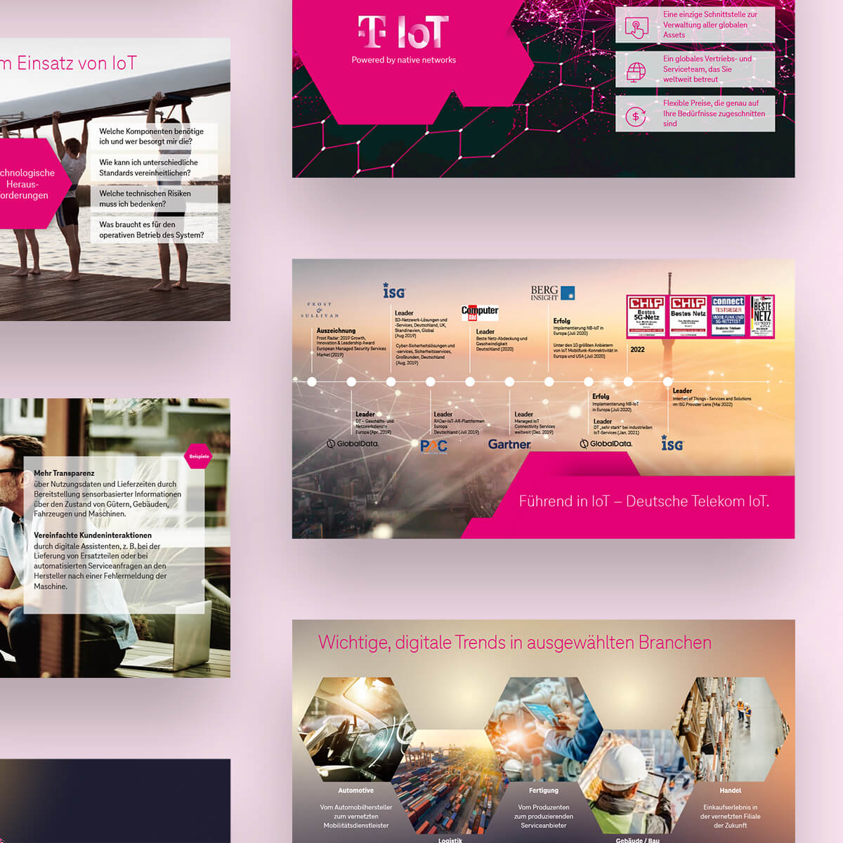 Auf diesem Bild sind verschiedene Folien einer PowerPoint Unternehmenspräsentation der Deutschen Telekom im Corporate Design von tikitay zu sehen.